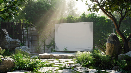 A serene garden with an empty canvas as a centerpiece, bathed in sunshine white light, providing an inspiring outdoor space where individuals can connect with nature and