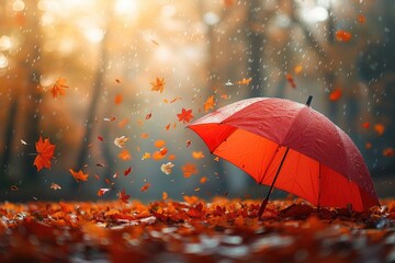 Beautiful autumn background landscape. Carpet of fallen orange autumn leaves in park and red umbrella. Leaves fly in wind in sunlight. Concept of Golden autumn.