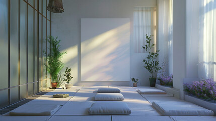 A serene meditation room with an empty canvas on the wall, illuminated by the soft glow of sunshine white, creating a peaceful and tranquil space where practitioners