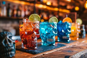 In a festive setting, two skull-shaped glasses adorned with a chili powder rim are filled with vibrant red cocktails, garnished with lime wheels and maraschino cherries.