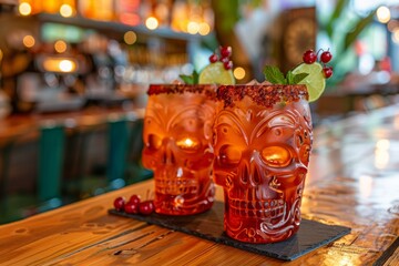 In a festive setting, two skull-shaped glasses adorned with a chili powder rim are filled with vibrant red cocktails, garnished with lime wheels and maraschino cherries.