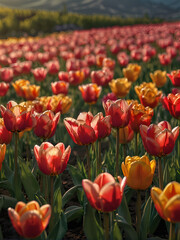 A field of blossoming flowers Tulips, against the background of evening sunset