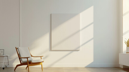 A minimalist workspace with an empty canvas hanging above, illuminated by sunshine white light, creating a bright and inspiring environment that fosters creativity 