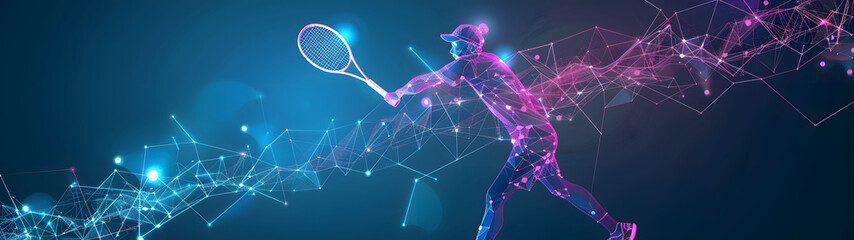 Dynamic digital illustration tennis player on futuristic neon light background engaging in an active sport session, wide planner.