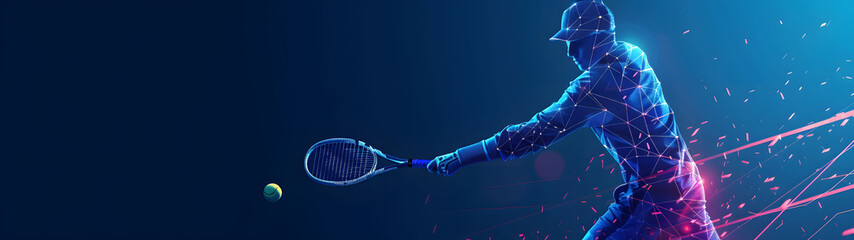 Vibrant, digital rendering of a tennis player in action, set against a dazzling neon-lit futuristic background to depict motion and energy in sports, wide banner.