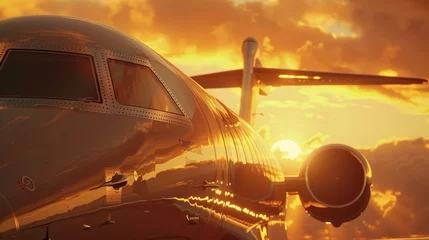 Foto op Canvas Golden Hour Glow: Emphasize the golden hour glow on the private jet's exterior, with sunlight streaming through the clouds. Generative AI © Hokmiran