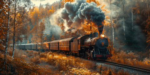 Fototapeta premium Vintage steam train chugging through dense forest with billowing smoke from chimney, nostalgic transportation concept in nature setting
