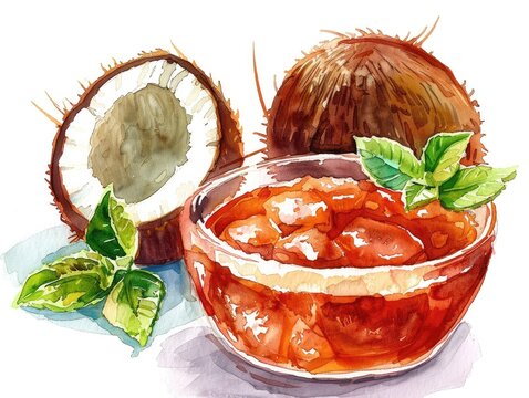 Watercolor of Thai Coconut Agar Jelly Wun Gati Maprao on White Background