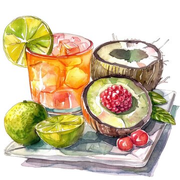 Watercolor of Tropical Thai Coconut Agar Jelly Dessert with Fresh Citrus Garnishes