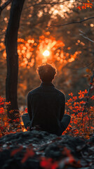 A man is sitting in the woods, looking at the sun