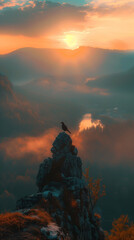 A bird is perched on a rock overlooking a river