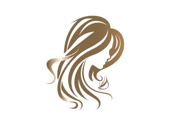 A woman with long brown hair is shown in a gold color