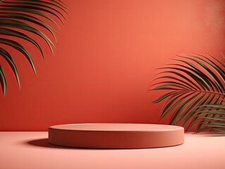 Coral background with shadows of palm leaves on a coral wall, an empty table top for product presentation. A mockup banner stand podium for advertising and branding design concept in the style of soft