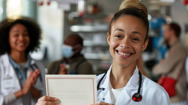 Joyful young woman holding a certificate for World Blood Donor Day as medical team applauds. World Blood Donor Day