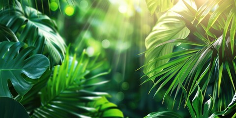 Jungle Banner With Lush Tropical Leaves, Sunrays and Copy Space for Text - obrazy, fototapety, plakaty