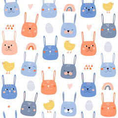 Seamless pattern with cute, cheerful bunnies, chickens, hares, eggs. Spring abstract print. Vector graphics.