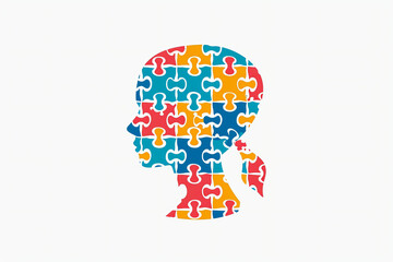 Illustrative banner design of profile human head profile made of colorful puzzle pieces. Concept of knowledge and logic.