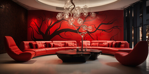 A contemporary lounge area with red color unique seating options and artistic wall decorations. 