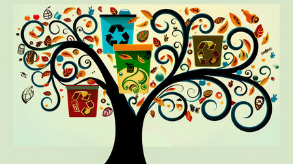 Recycling concept. Recycling symbol, save nature and the planet. Illustration with garbage containers, tree and defense of recycling.