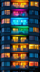 Glass buildings with multicolor lights at night in the city. Apartment building.
