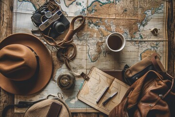 Retro Travel Prep: World Map, Compass, Hat, Bag, Camera, Notebook, Pens, and Coffee Cup