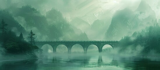 A misty green valley with an old stone bridge, fantasy digital art style. - obrazy, fototapety, plakaty