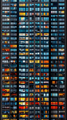 Glass buildings with multicolor lights at night in the city. Apartment building.
