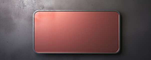 Coral large metal plate with rounded corners is mounted on the wall. It is a 3D rendering of a blank metallic signboard in a copper color with reflections on an industrial concrete background. The pla - obrazy, fototapety, plakaty