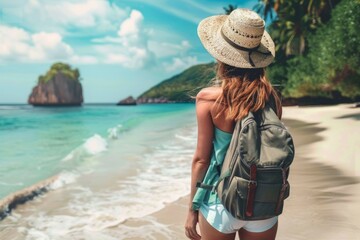 Coastal Adventure: Girl with Backpack and Hat on Seaside