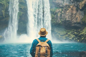 Tourist with Backpack and Hat Enjoying Waterfall Viewpoint