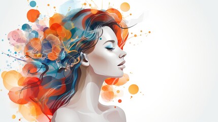 Beautiful girl portrait, her hair in the wind, on a white background, vector illustration, with colorful abstract watercolor and ink splashes design elements