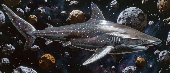 Shark swimming amidst asteroids, coated in shimmering nail polish, dark cosmic setting, surreal