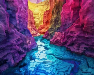 Surreal canyon in medieval art style, abstract digital format, bold and vibrant, panoramic view - obrazy, fototapety, plakaty