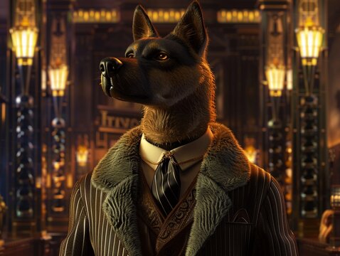 Art Deco mafia dog, sleek fur, stylish suit, dimly lit, luxurious urban background