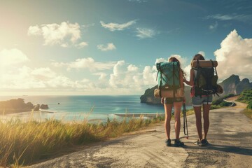 Coastal Adventure: Two Friends Hiking with Backpacks Along the Sea
