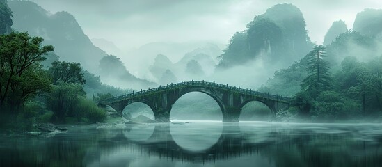 A long bridge in the mountains, with a green color scheme and misty atmosphere, in the style of a fantasy world - obrazy, fototapety, plakaty