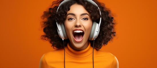 A beautiful curly-haired young woman with headphones listening to music, screaming, smiling and singing in isolation against an orange background. - obrazy, fototapety, plakaty
