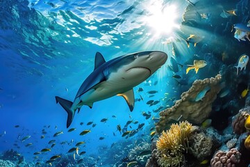 Menacing beauty: underwater world with the shark predator, a captivating glimpse into the fierce, powerful, and mysterious realm of marine life, where danger and elegance coexist