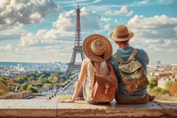 Parisian Romance: Couple with Backpacks and Hats Enjoying the Panoramic View of the Eiffel Tower. Travel Adventure