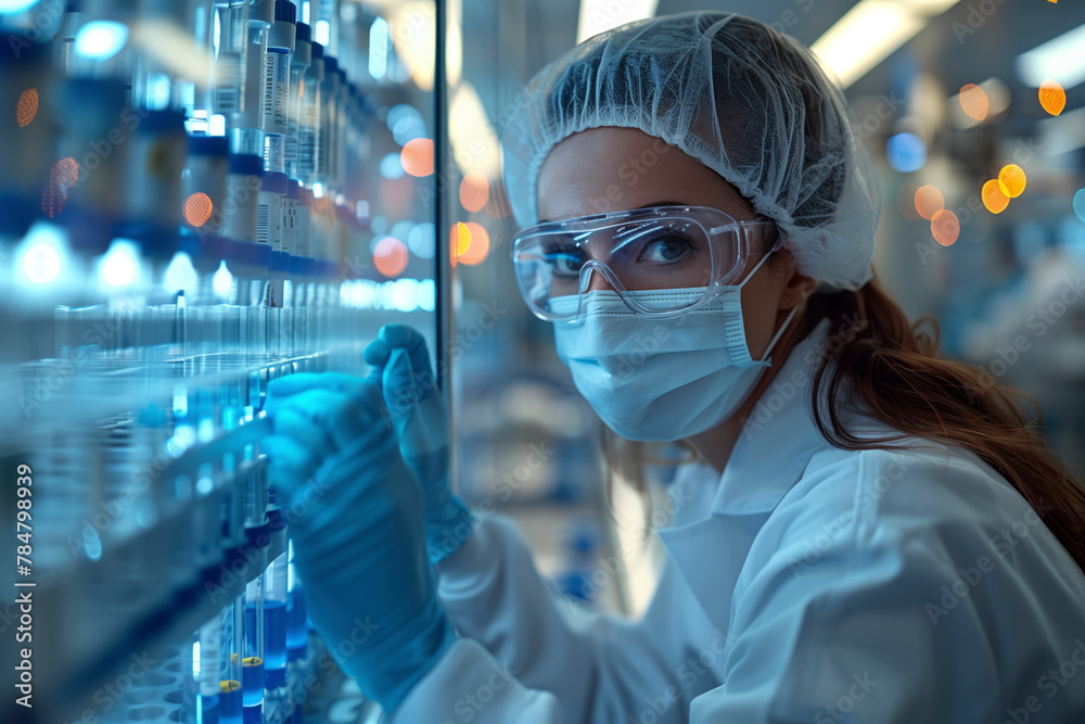 Poster a woman in a lab coat is wearing a mask and gloves while working with vials. the scene is blurry and