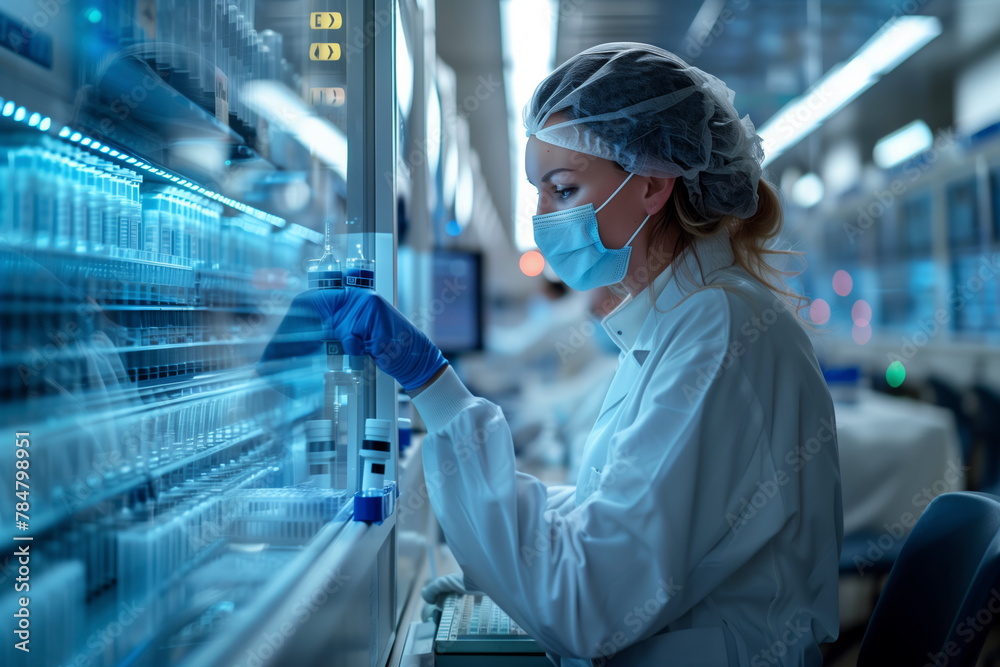 Poster a woman in a lab coat is wearing a mask and gloves while working with vials. the scene is blurry and