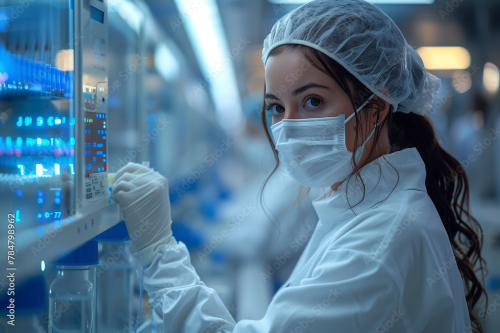 Poster a woman in a lab coat is wearing a mask and gloves while working with vials. the scene is blurry and