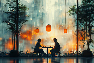 A couple is sitting at a table in a restaurant, with a view of the outside. Scene is romantic and intimate