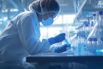 A woman in a lab coat is wearing a blue and white hat and gloves. She is working with a variety of beakers and test tubes, including one that is blue