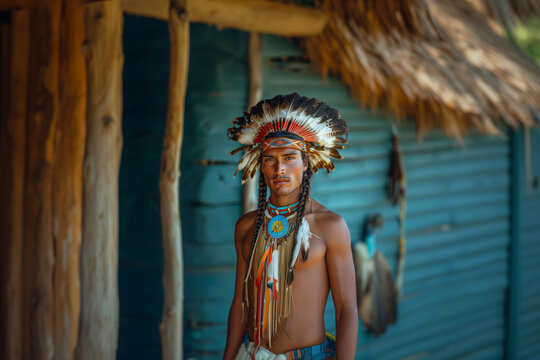 A man wearing a headdress and a shirtless shirt stands in front of a blue building. The man is dressed in traditional Indian clothing, and he is proud of his heritage. Concept of cultural pride