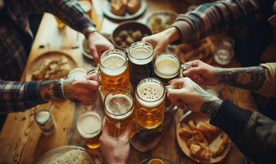 Top view Close-up of hands clinking beer mugs on wooden table with snacks in pub, capturing cheerful toast among friends. Image radiates camaraderie and relaxation in social setting.