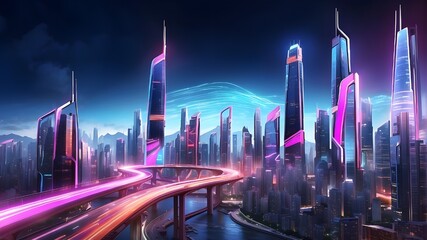 Speed light trails wind through a clever, contemporary megacity and a village of skyscrapers with futuristic neon lighting, virtual reality, and motion