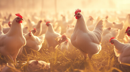 A flock of chickens are standing in a field. One of the chickens is facing the camera - obrazy, fototapety, plakaty