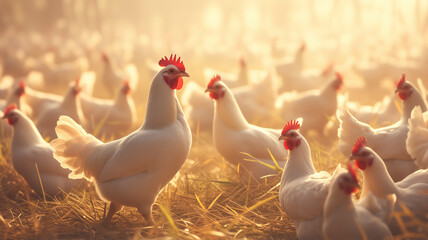 A flock of chickens are standing in a field. One of the chickens is facing the camera - obrazy, fototapety, plakaty