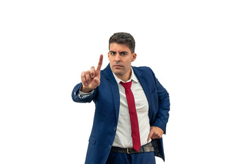 Displeased Businessman Denying with Raised Finger white background